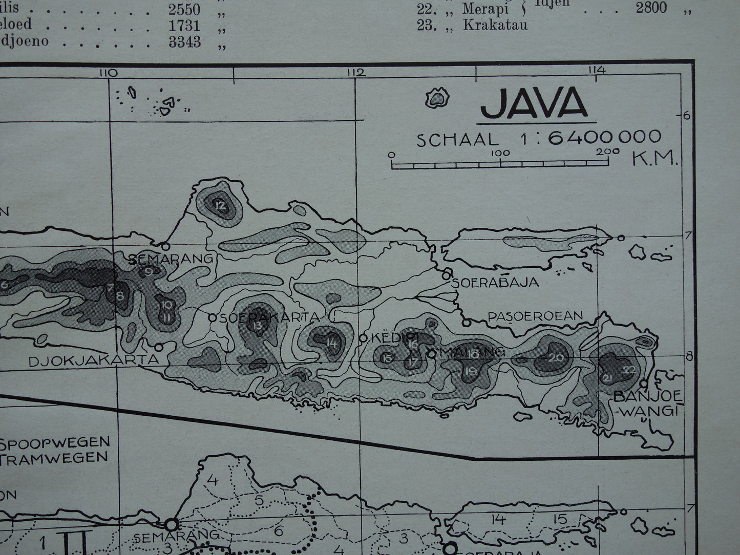 JAVA 3x Oude landkaart van Java uit 1928 vintage kaarten Hoogtekaart Spoorwegen kaart Cultuurgronden