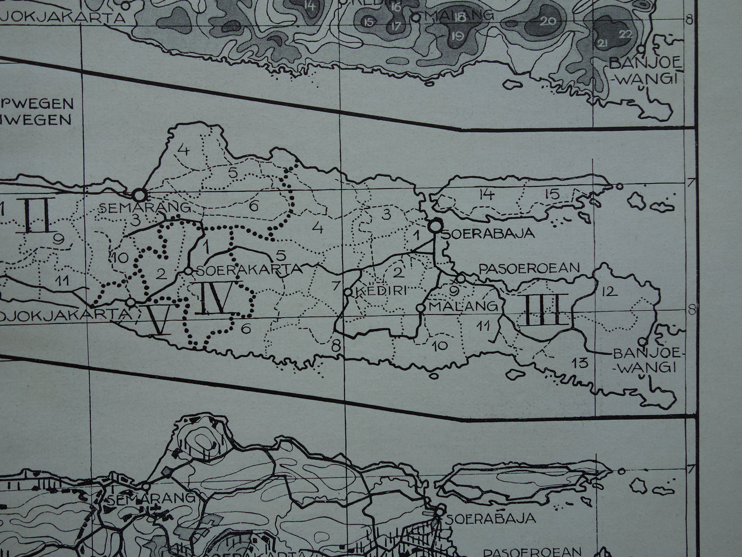 JAVA 3x Oude landkaart van Java uit 1928 vintage kaarten Hoogtekaart Spoorwegen kaart Cultuurgronden