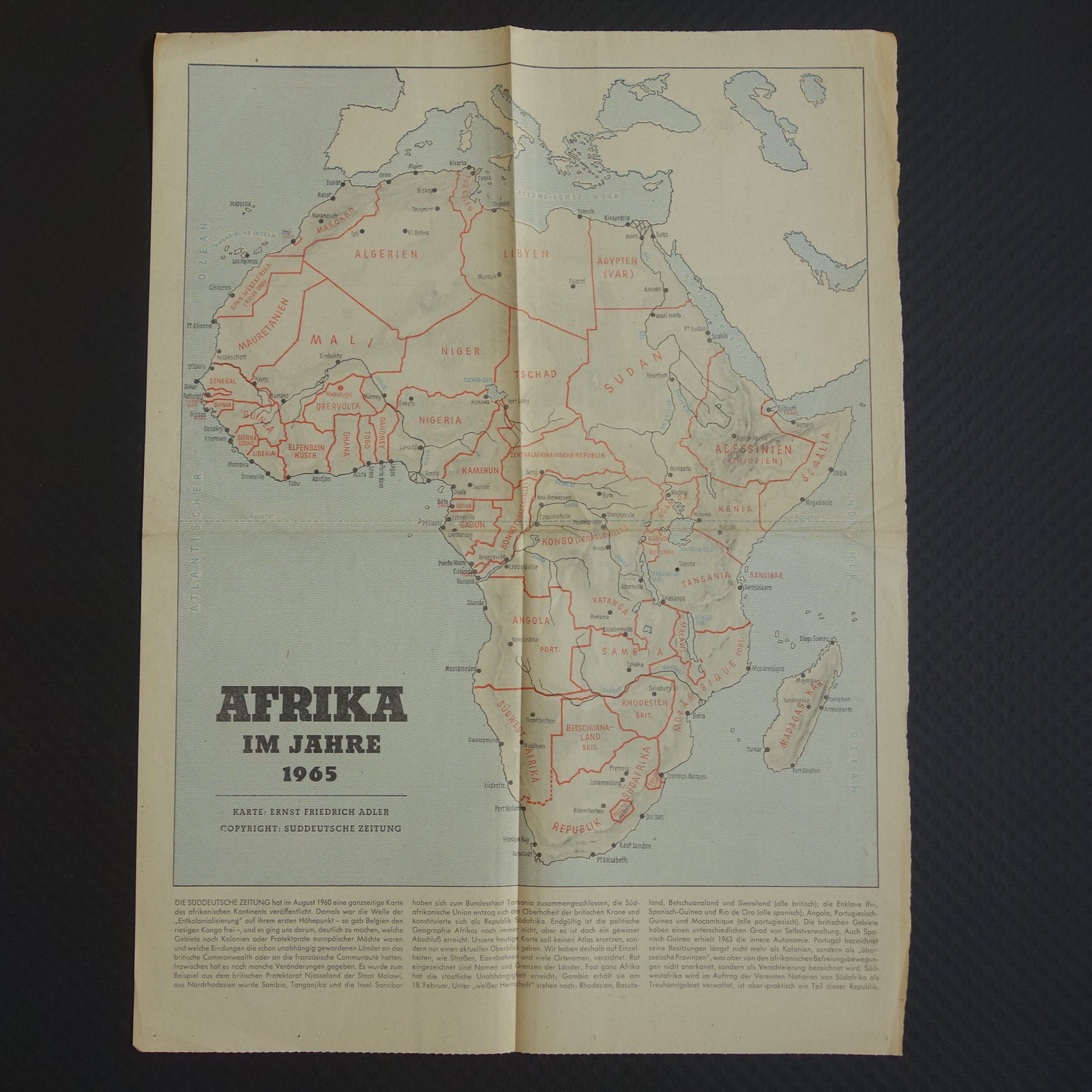 Oude landkaart van Afrika uit 1965 originele historische kaart Afrika continent 39 x 52 cm