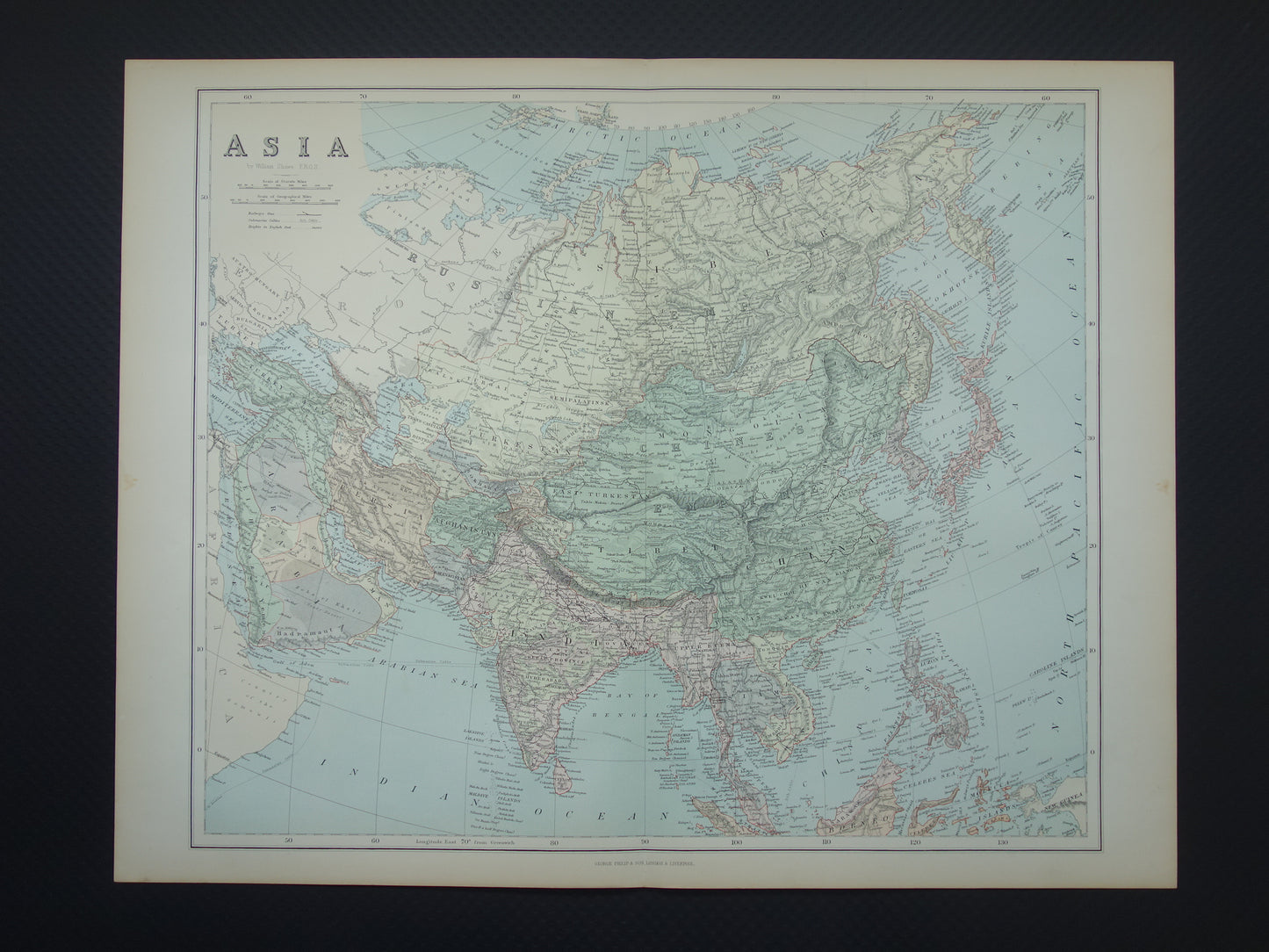 AZIE Grote kaart van Azië uit 1890 Antieke Engelse landkaart