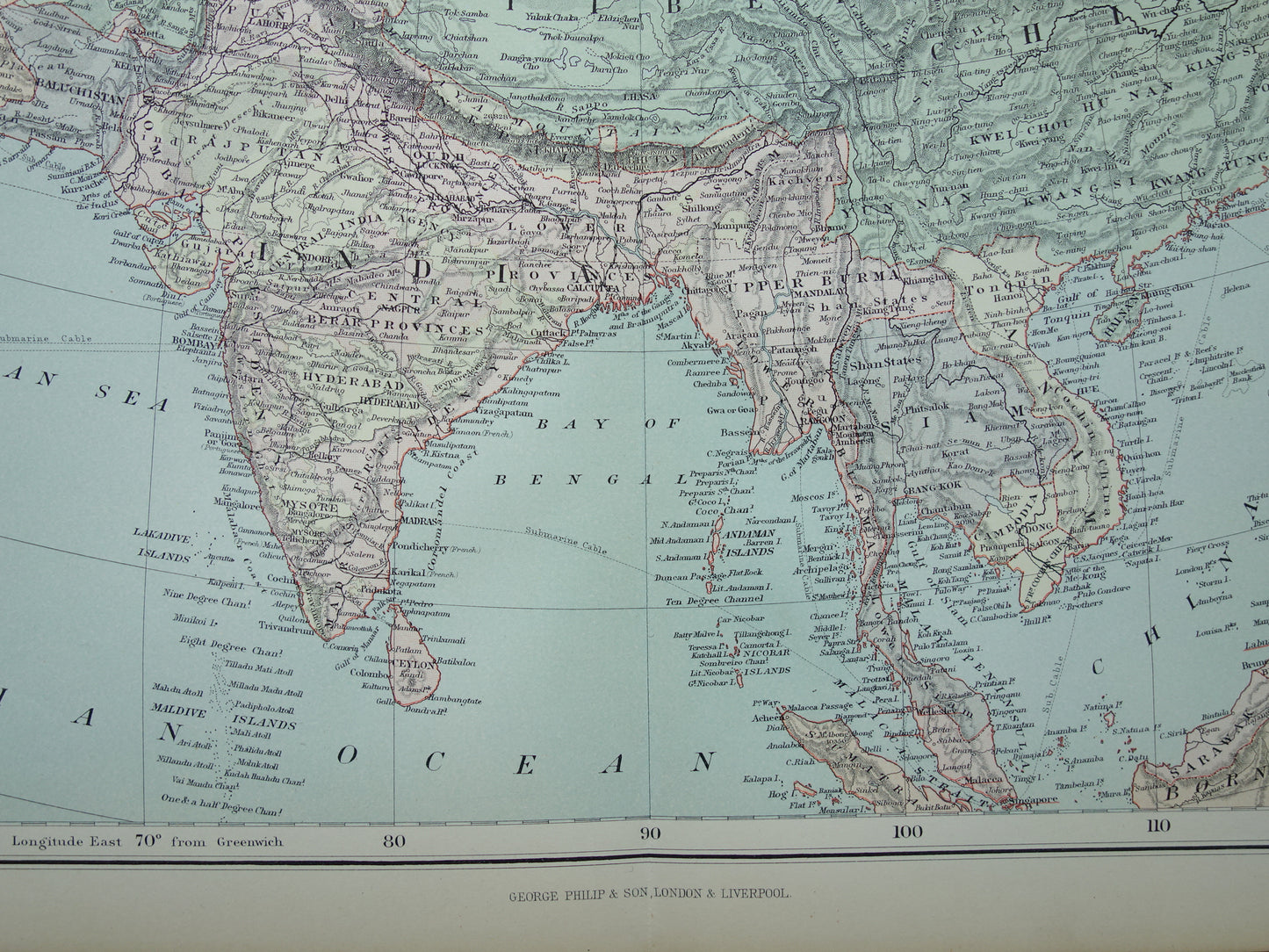 AZIE Grote kaart van Azië uit 1890 Antieke Engelse landkaart