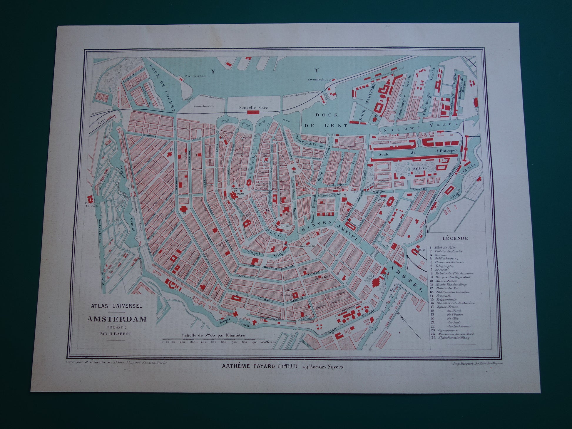 AMSTERDAM oude kaart van Amsterdam uit 1877 originele antieke Franse plattegrond Centraal Station