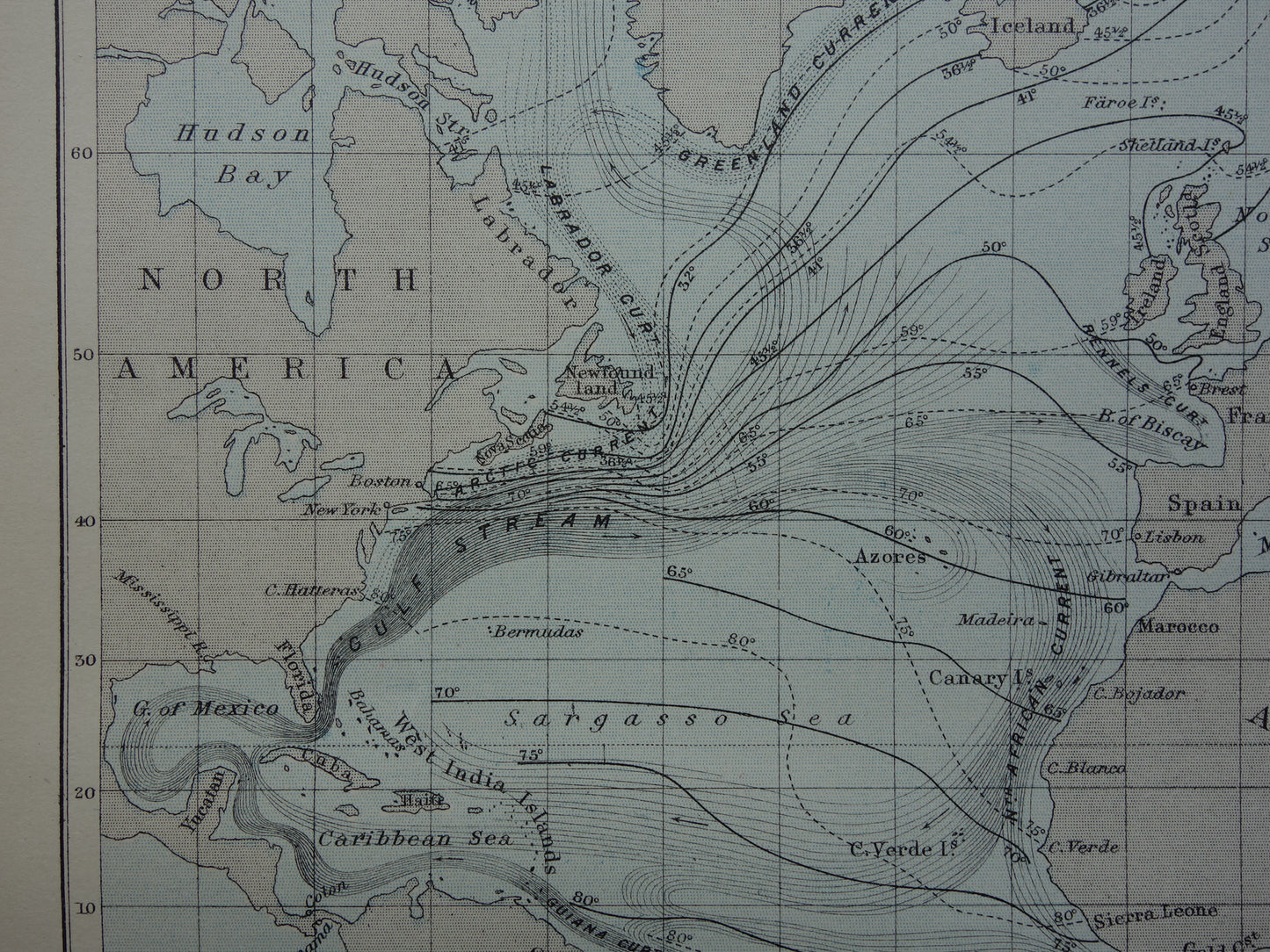 Oude kaart van de Atlantische Oceaan Originele 140+ jaar oude antieke Engelse landkaart