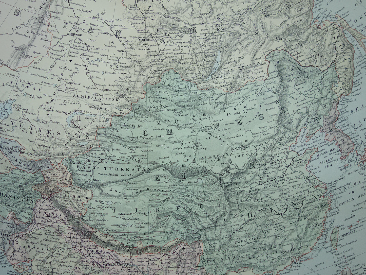 AZIE Grote kaart van Azië uit 1890 Antieke Engelse landkaart