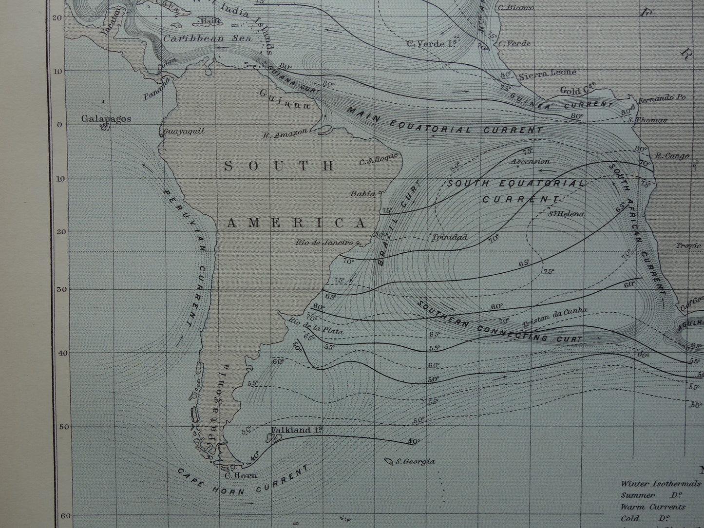 Oude kaart van de Atlantische Oceaan Originele 140+ jaar oude antieke Engelse landkaart