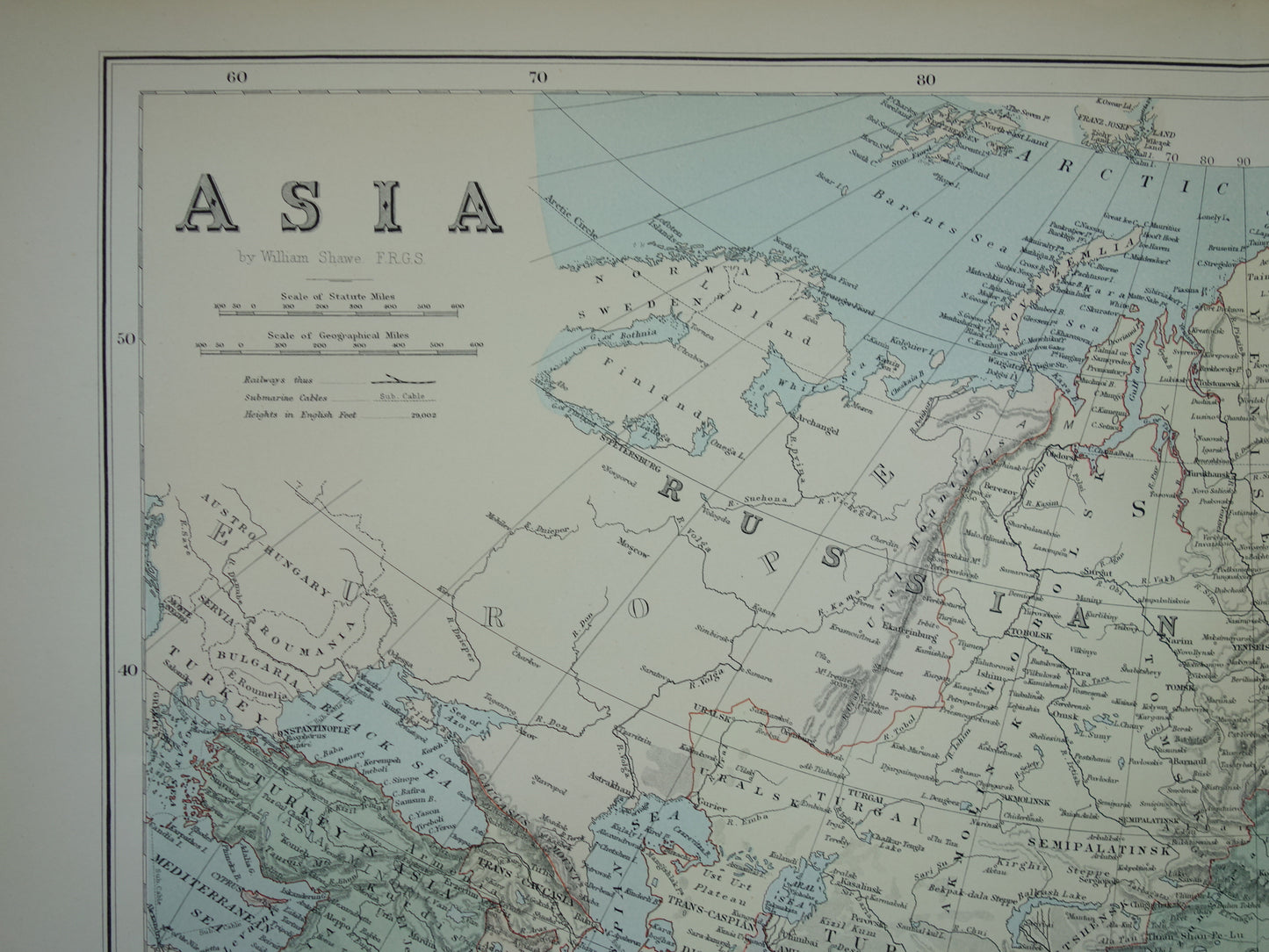 AZIE Grote kaart van Azië uit 1890 Antieke Engelse landkaart