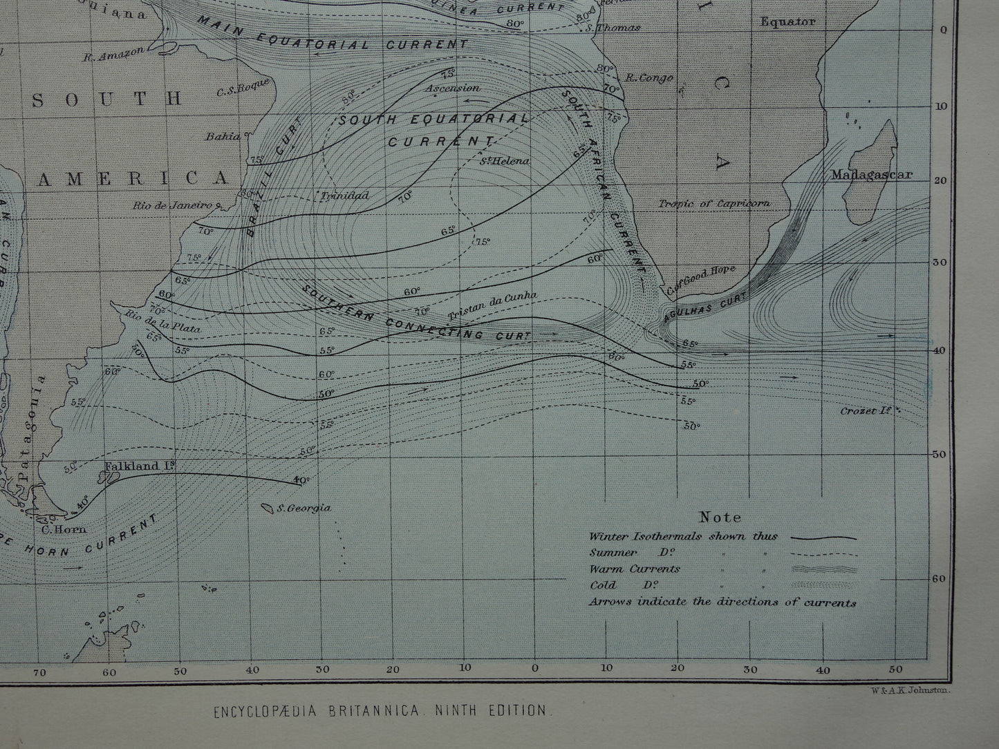 Oude kaart van de Atlantische Oceaan Originele 140+ jaar oude antieke Engelse landkaart