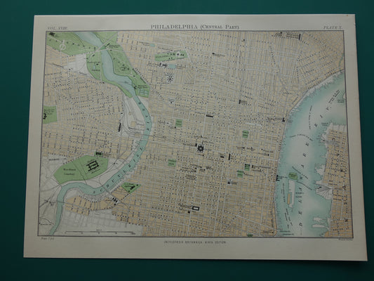 PHILADELPHIA oude plattegrond van centrum Philadelphia antieke kaart VS vintage kaarten