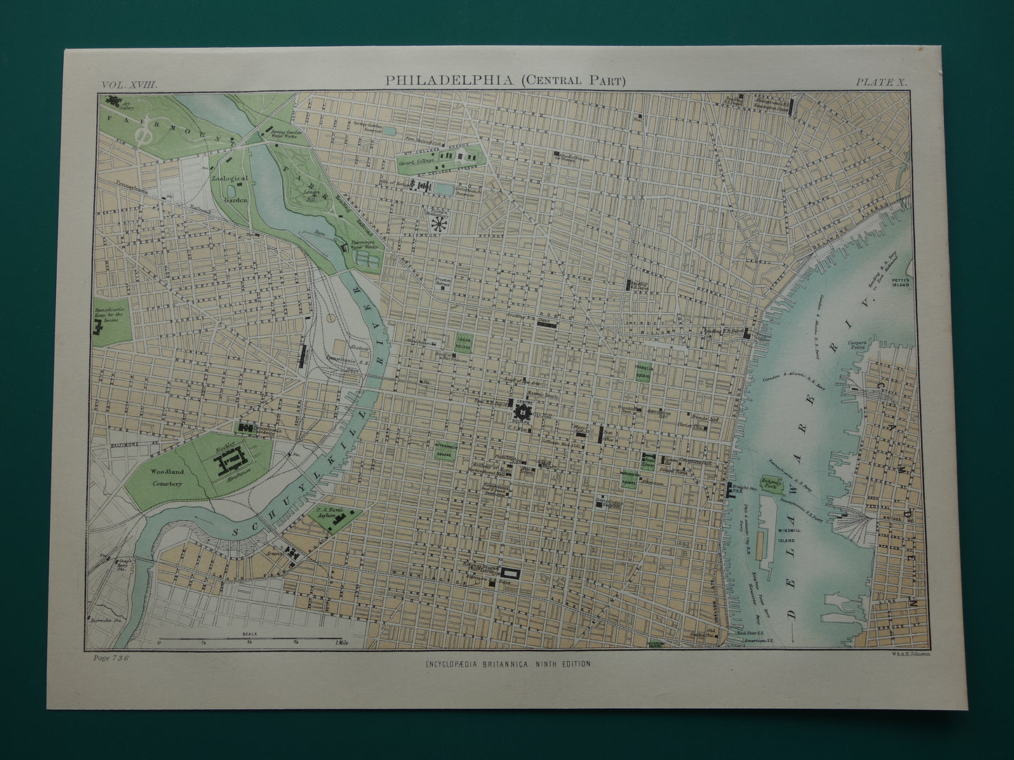 PHILADELPHIA oude plattegrond van centrum Philadelphia antieke kaart VS vintage kaarten