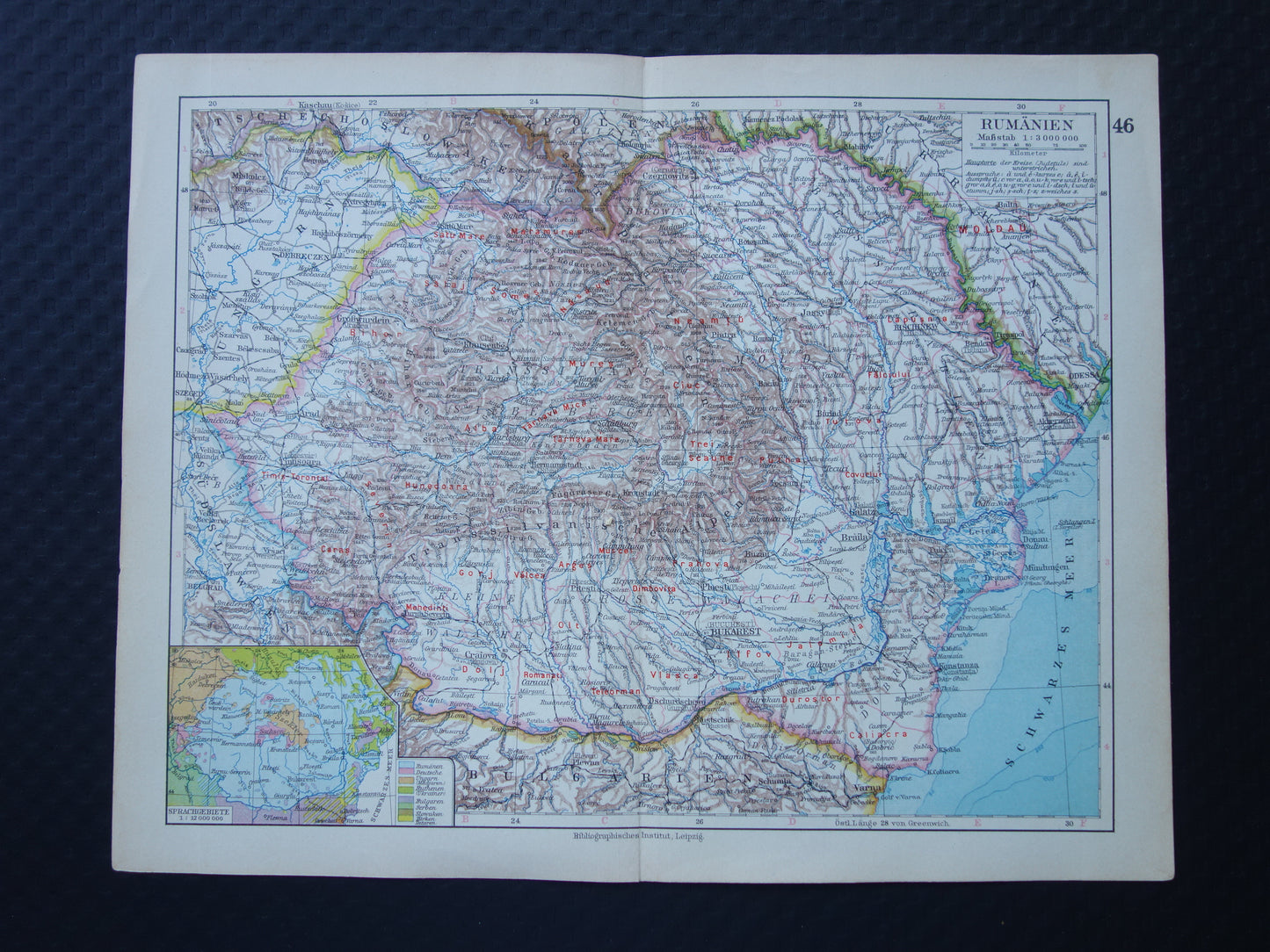 Oude landkaart van ROEMENIË uit 1928 originele Duitse vintage kaart Roemenie - antieke landkaarten