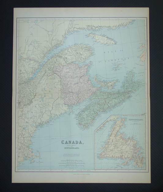 CANADA Grote antieke kaart van Newfoundland Quebec Nova Scotia Brunswick 1890 oude Engelse landkaart poster
