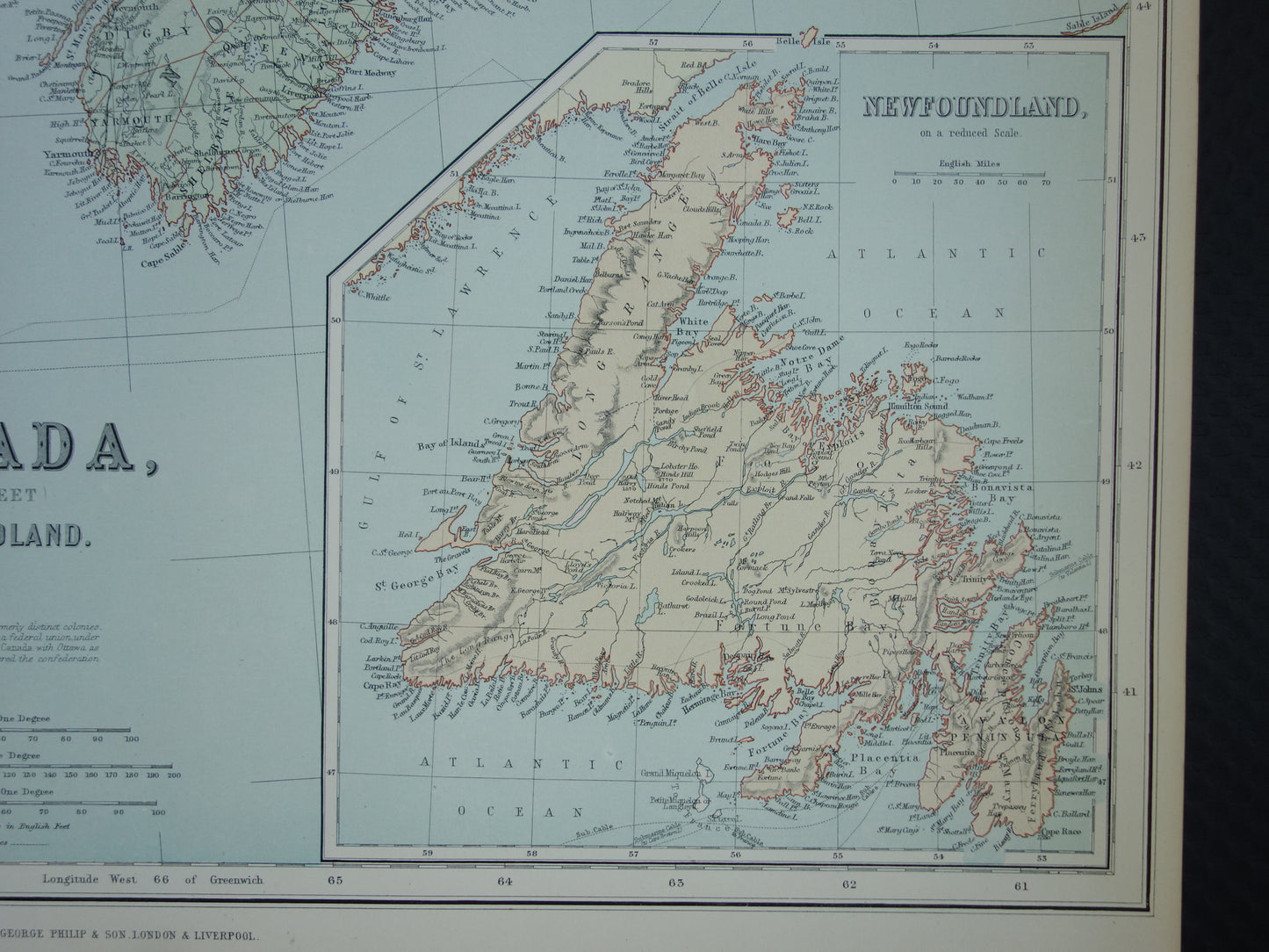 CANADA Large Antique Map of Newfoundland Quebec Nova Scotia Brunswick 1890 Old English Map Poster