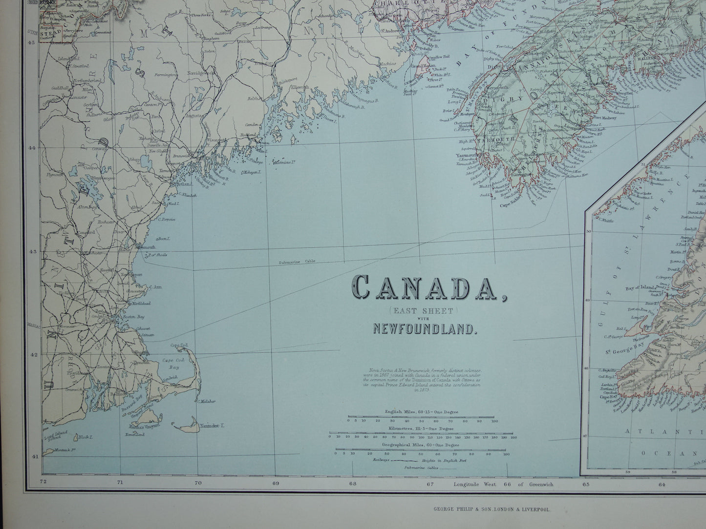 CANADA Large Antique Map of Newfoundland Quebec Nova Scotia Brunswick 1890 Old English Map Poster