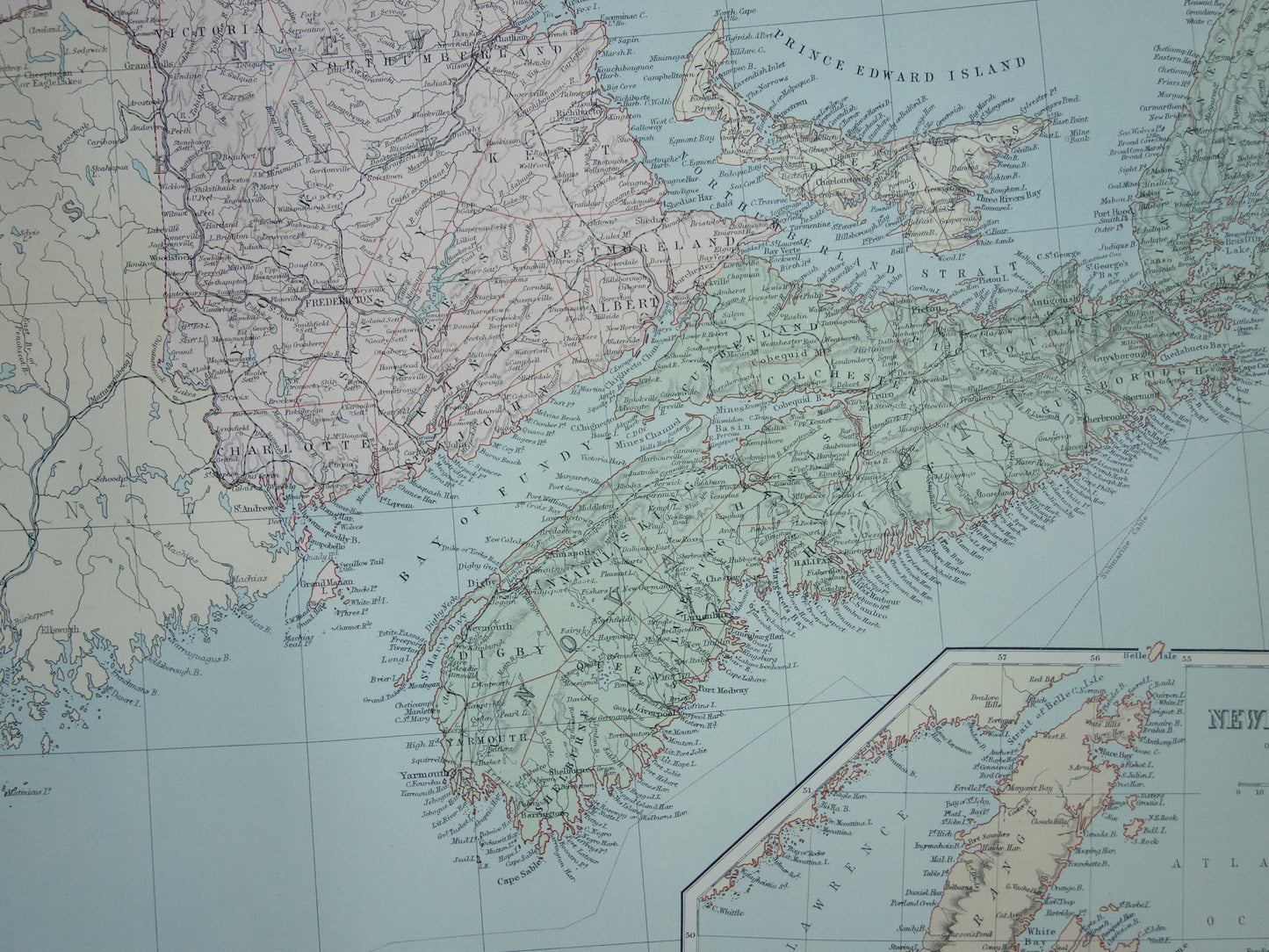 CANADA Large Antique Map of Newfoundland Quebec Nova Scotia Brunswick 1890 Old English Map Poster