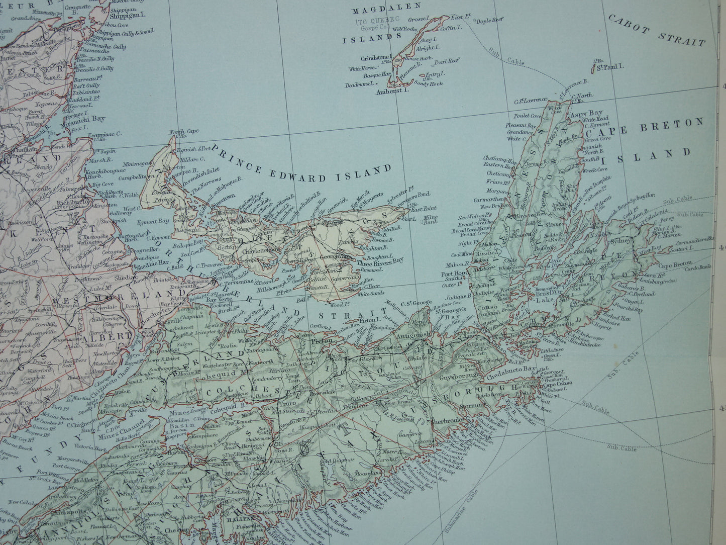 CANADA Large Antique Map of Newfoundland Quebec Nova Scotia Brunswick 1890 Old English Map Poster