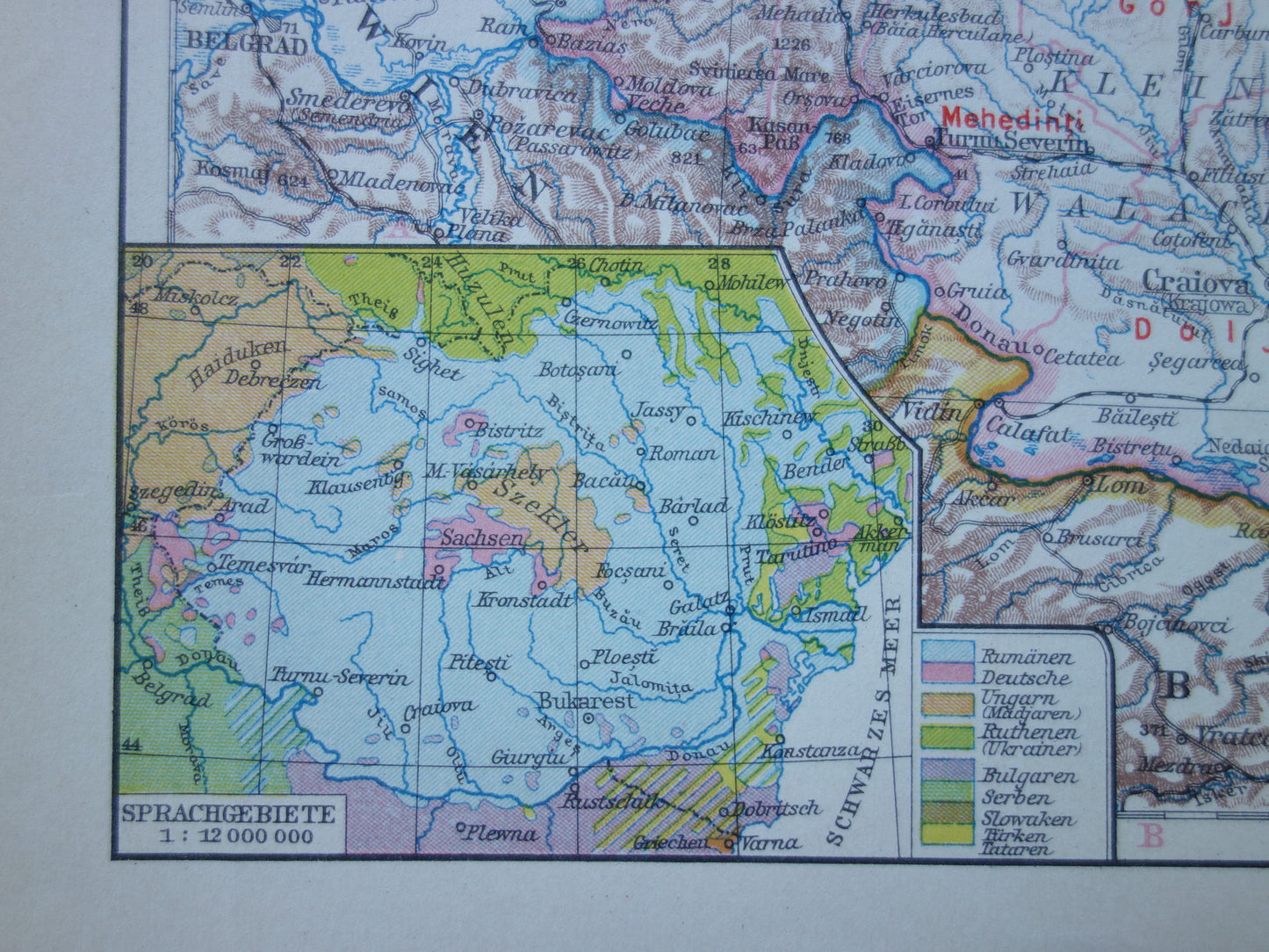 Oude landkaart van ROEMENIË uit 1928 originele Duitse vintage kaart Roemenie - antieke landkaarten