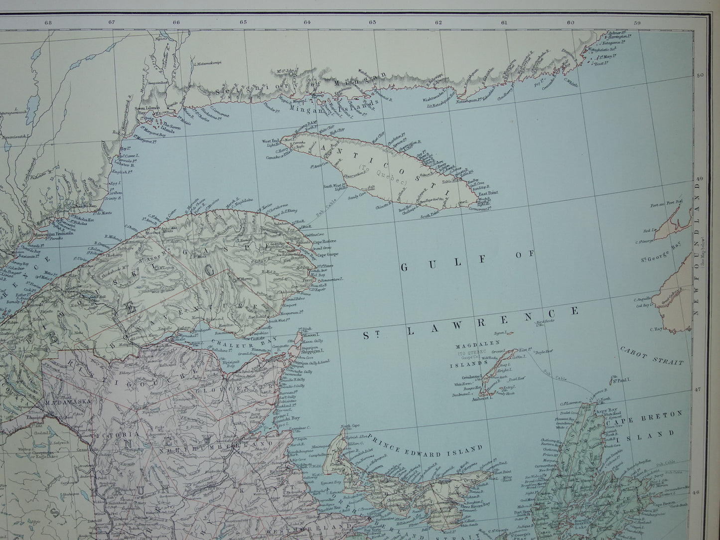 CANADA Large Antique Map of Newfoundland Quebec Nova Scotia Brunswick 1890 Old English Map Poster