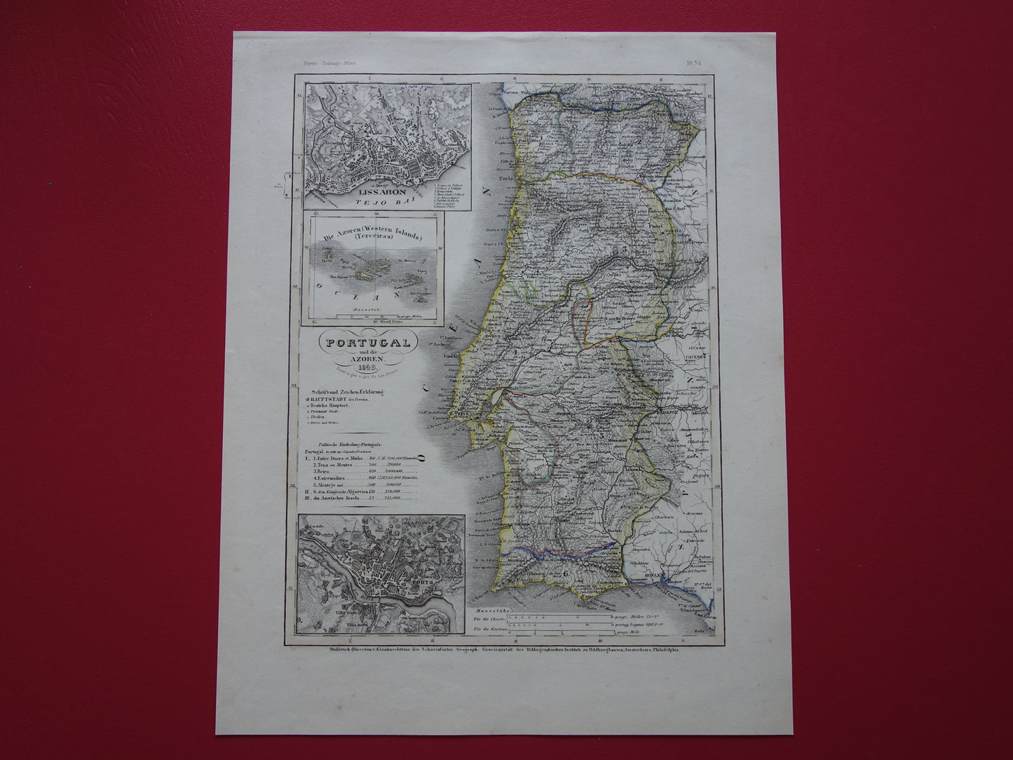 PORTUGAL Oude kaart van Portugal Azoren in 1849 originele antieke landkaart - vintage kaarten Lissabon Porto