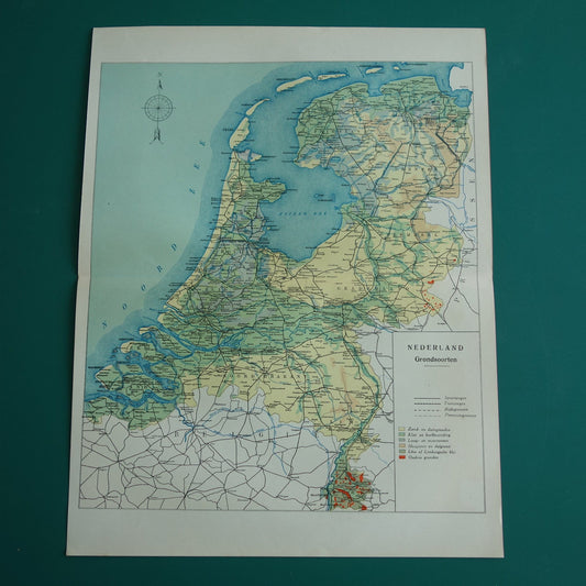 NEDERLAND oude kaart van grondsoorten 1928 vintage Nederlandse geologie landkaart grondsoortenkaart