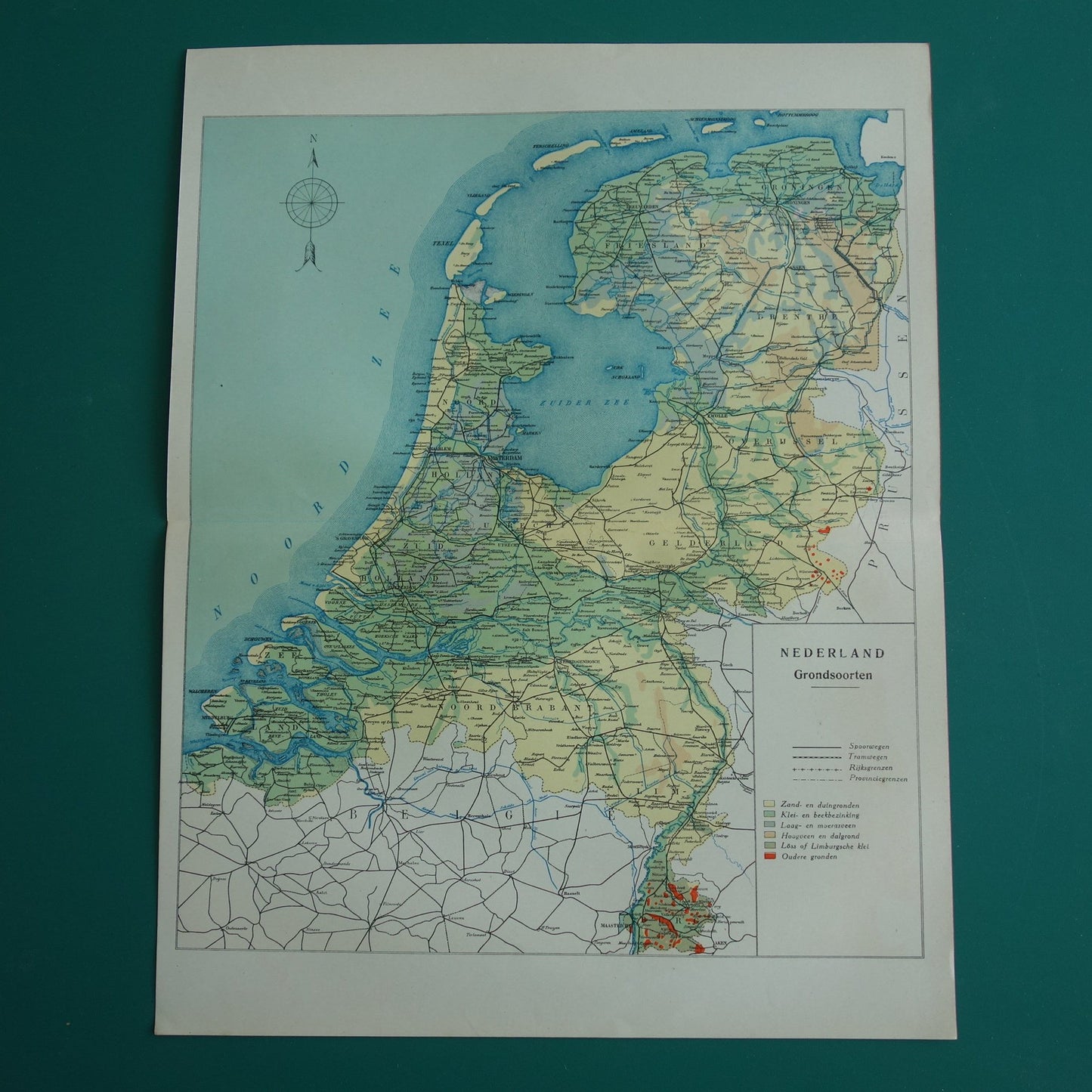 NEDERLAND oude kaart van grondsoorten 1928 vintage Nederlandse geologie landkaart grondsoortenkaart