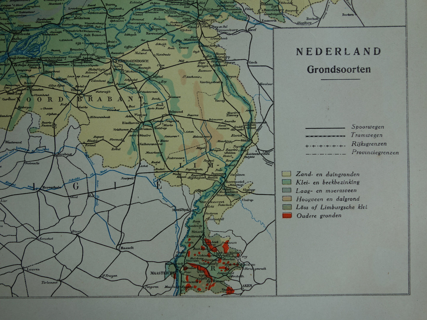 NEDERLAND oude kaart van grondsoorten 1928 vintage Nederlandse geologie landkaart grondsoortenkaart