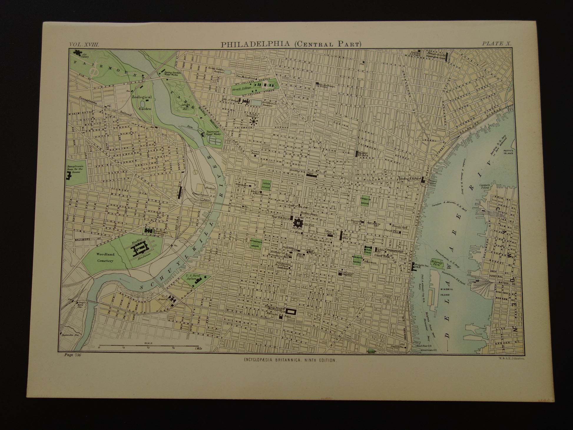 PHILADELPHIA oude plattegrond van centrum Philadelphia antieke kaart VS vintage kaarten