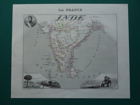 INDIA oude kaart 1856 originele antieke Franse handgekleurde landkaart van India met Franse koloniale bezittingen