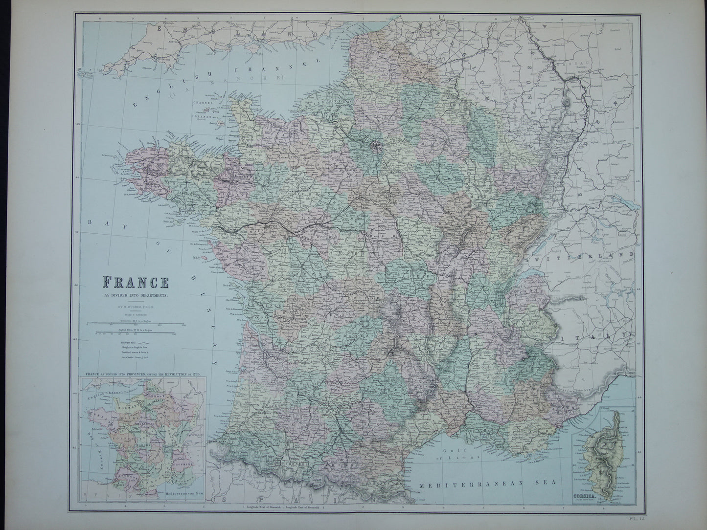 Grote oude landkaart van Frankrijk uit 1877 originele antieke kaart poster