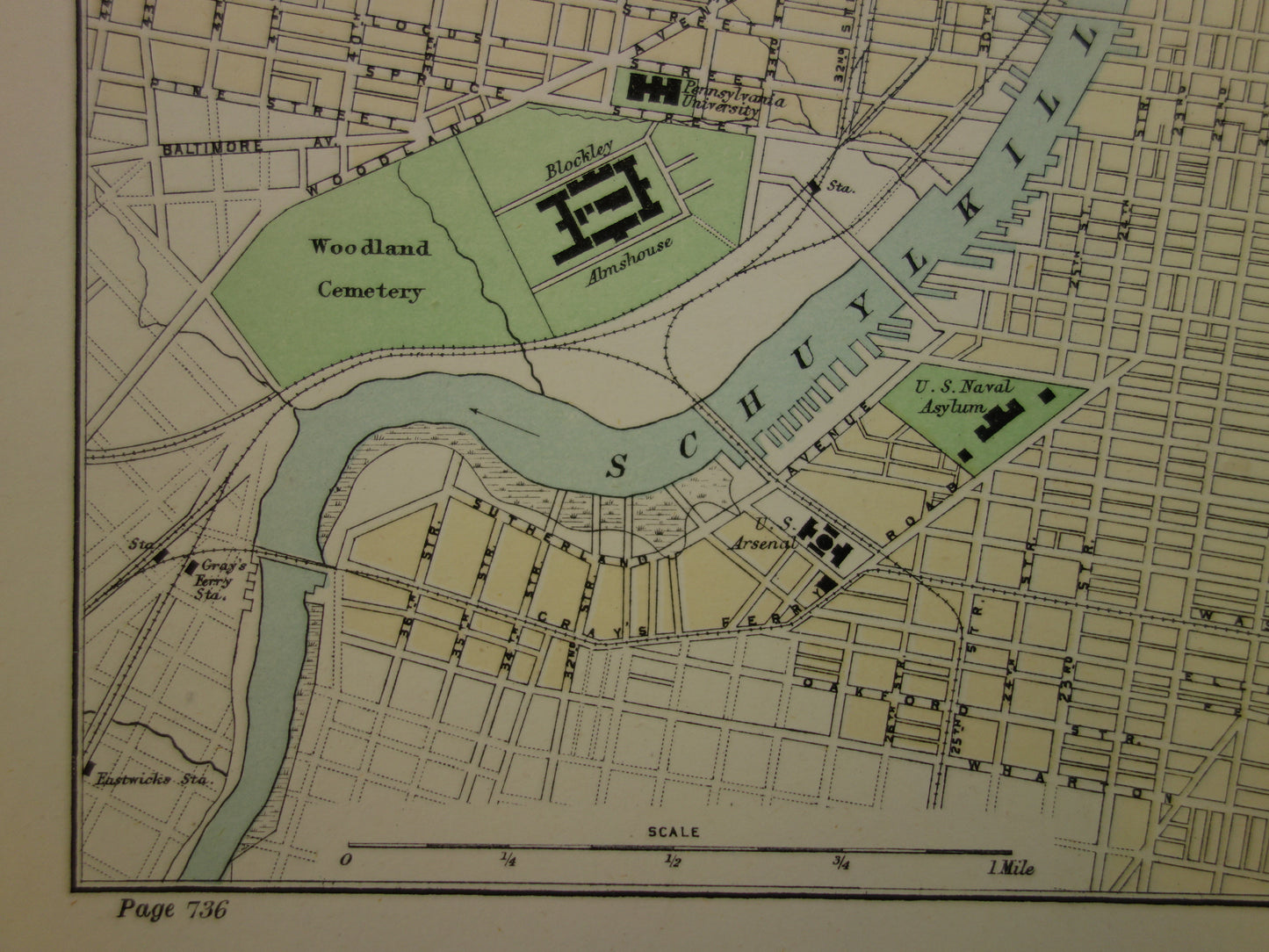PHILADELPHIA oude plattegrond van centrum Philadelphia antieke kaart VS vintage kaarten