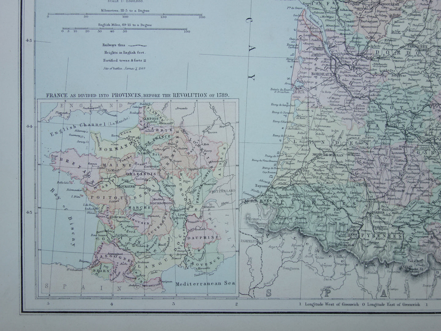 Grote oude landkaart van Frankrijk uit 1877 originele antieke kaart poster