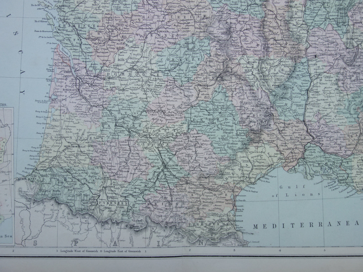Grote oude landkaart van Frankrijk uit 1877 originele antieke kaart poster