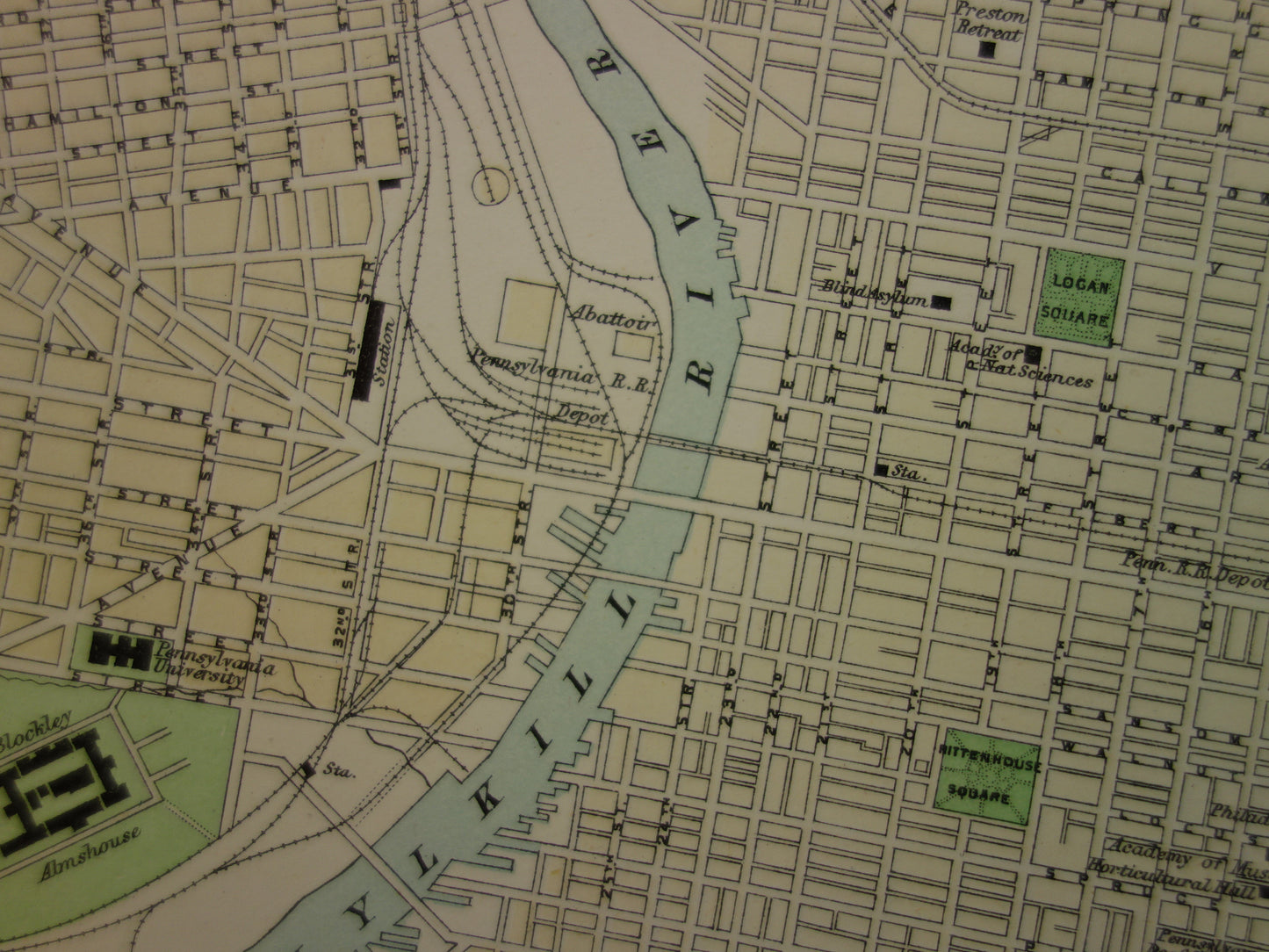 PHILADELPHIA oude plattegrond van centrum Philadelphia antieke kaart VS vintage kaarten
