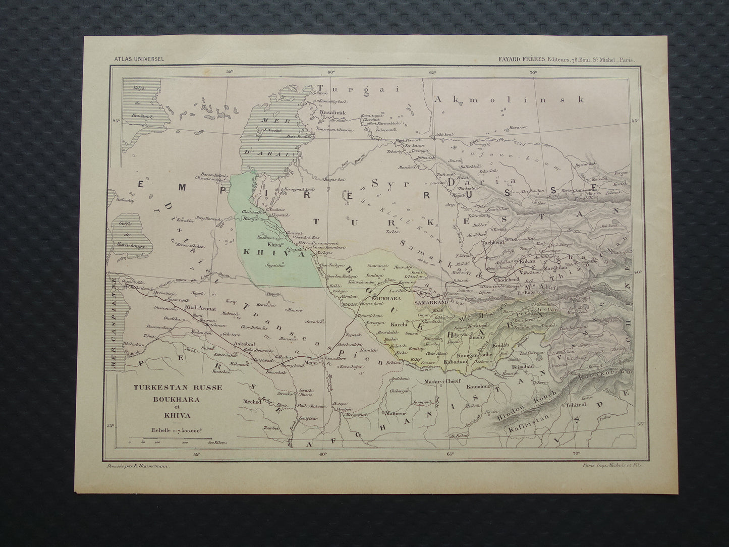 Alte Karte des Aralsees (Kasachstan, Usbekistan) aus dem Jahr 1896, originale französische antike Karte des Aralsees