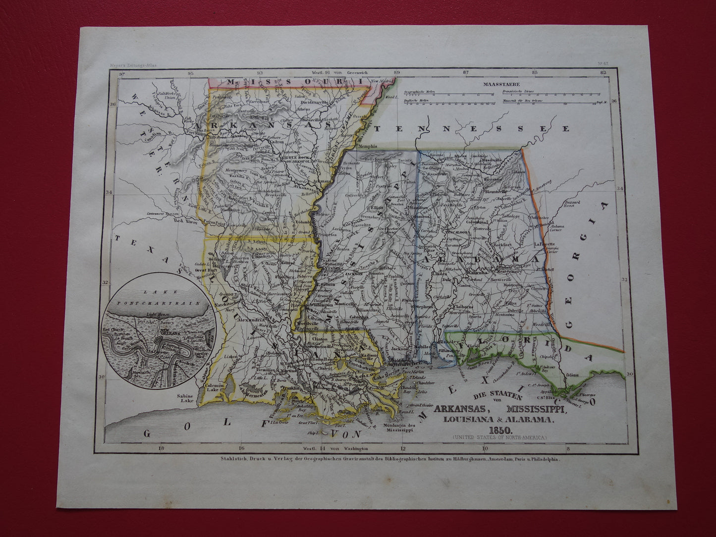 Oude kaart Alabama Mississippi Louisiana en Arkansas Verenigde Staten - 1850 originele antieke landkaart VS New Orleans - vintage kaarten