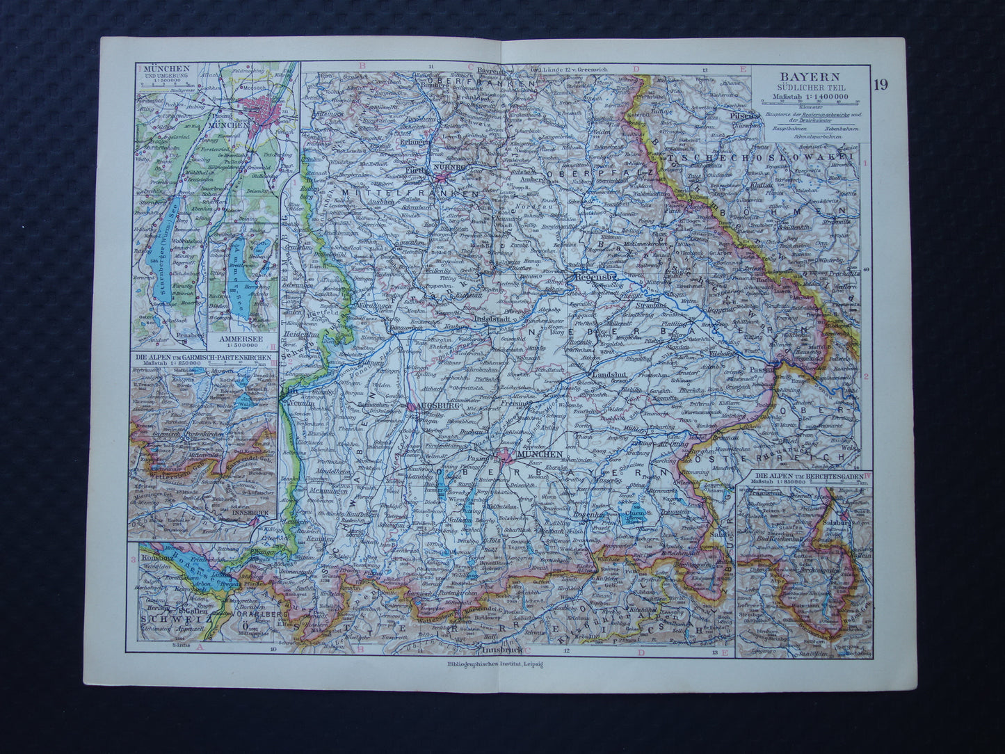 DUITSLAND oude landkaart van Beieren 1928 originele vintage Duitse kaart München Augsburg Nürnburg
