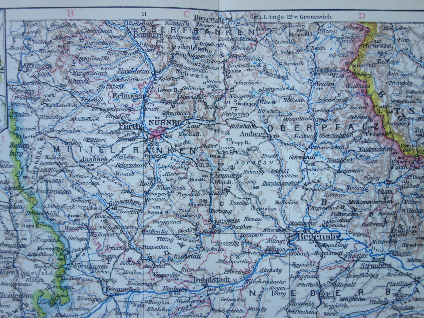 DUITSLAND oude landkaart van Beieren 1928 originele vintage Duitse kaart München Augsburg Nürnburg