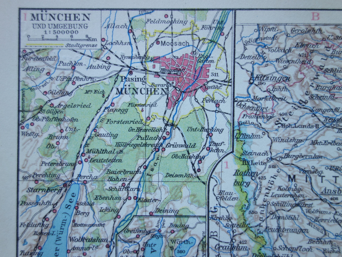 DUITSLAND oude landkaart van Beieren 1928 originele vintage Duitse kaart München Augsburg Nürnburg