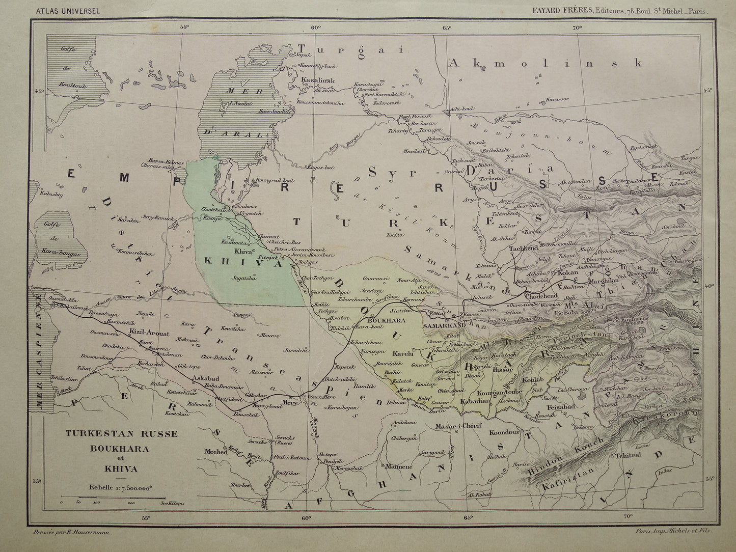 Alte Karte des Aralsees (Kasachstan, Usbekistan) aus dem Jahr 1896, originale französische antike Karte des Aralsees