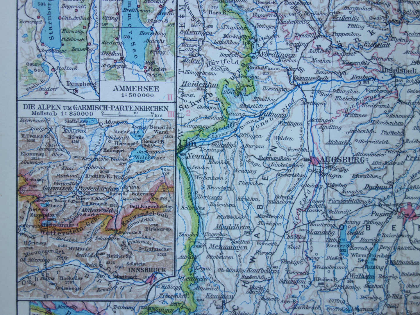 DUITSLAND oude landkaart van Beieren 1928 originele vintage Duitse kaart München Augsburg Nürnburg