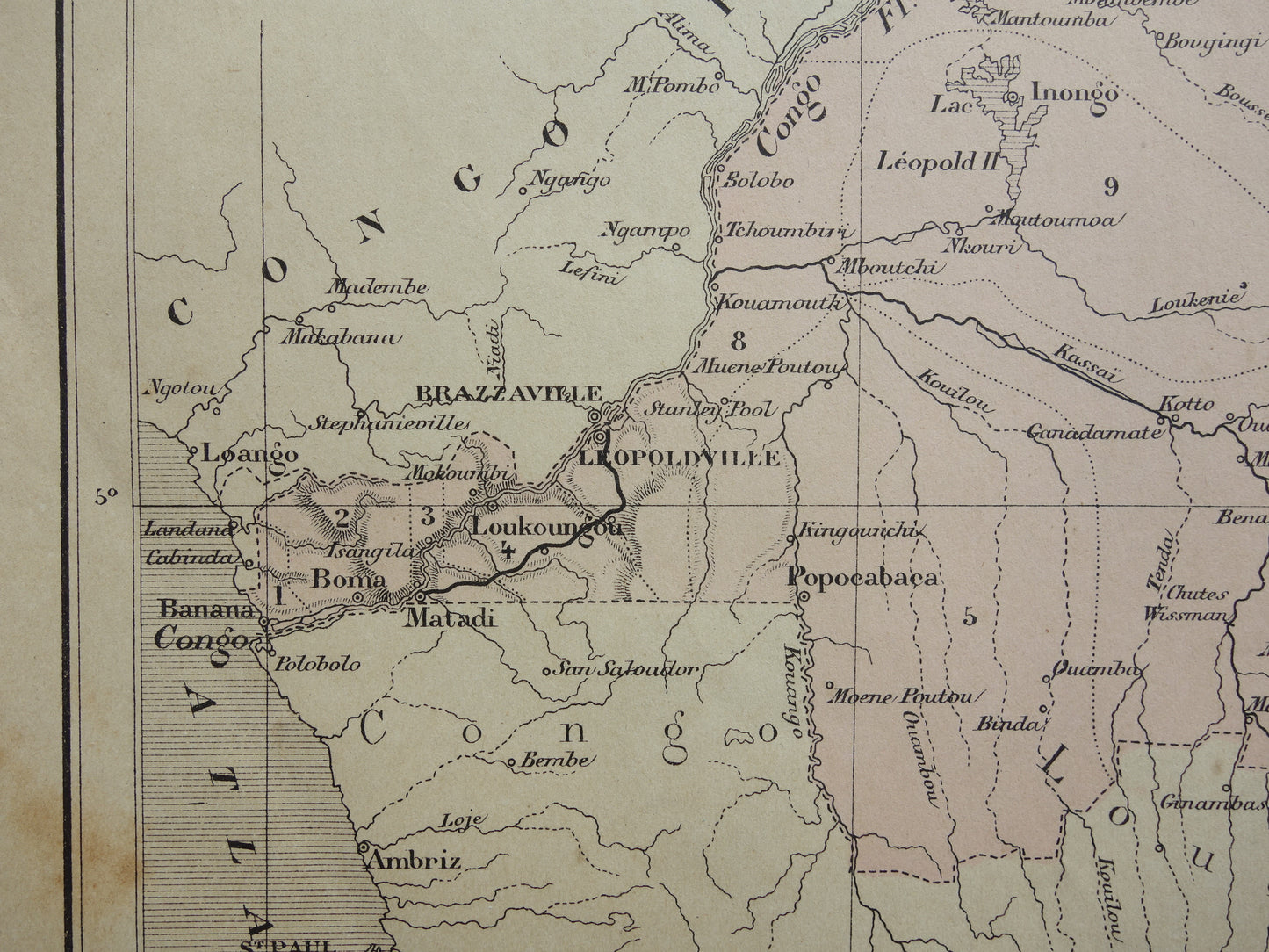 Oude kaart van Congo uit 1896 originele antieke kaart Congo - Afrika vintage historische kaarten