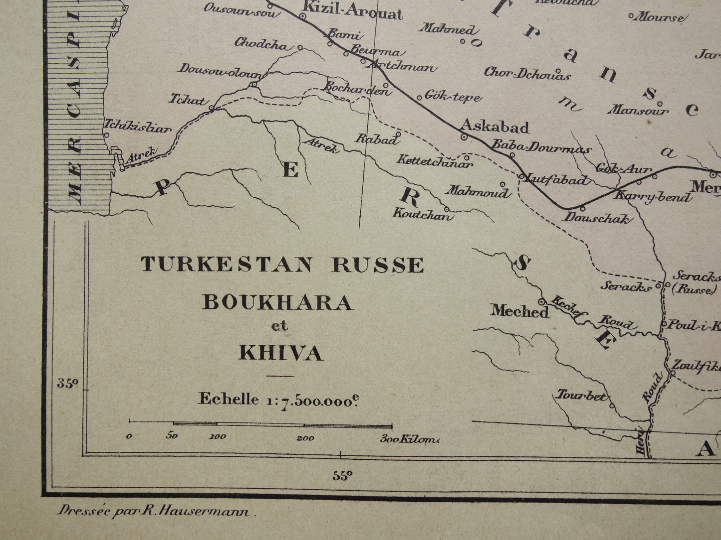 Alte Karte des Aralsees (Kasachstan, Usbekistan) aus dem Jahr 1896, originale französische antike Karte des Aralsees