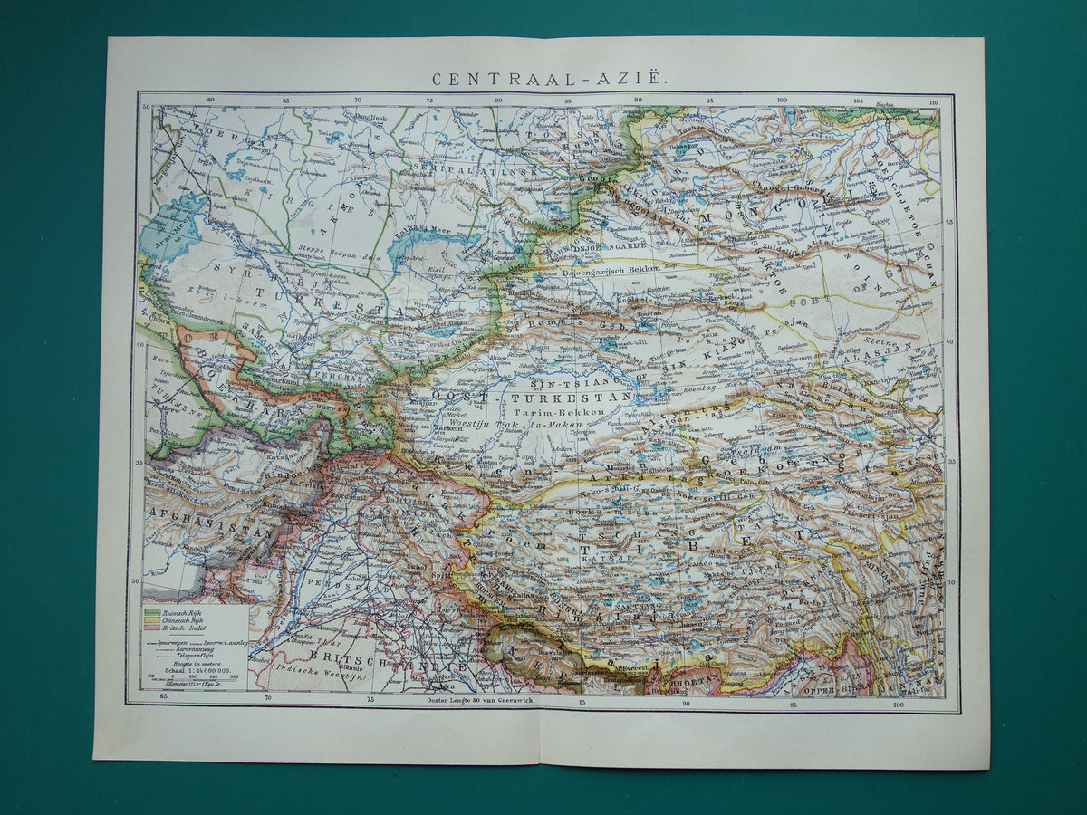 CENTRAAL-AZIË oude landkaart van Tibet Kashmir Turkestan Himalaya oude Nederlandse kaart Oezbekistan Kirgizië Tadzjikistan