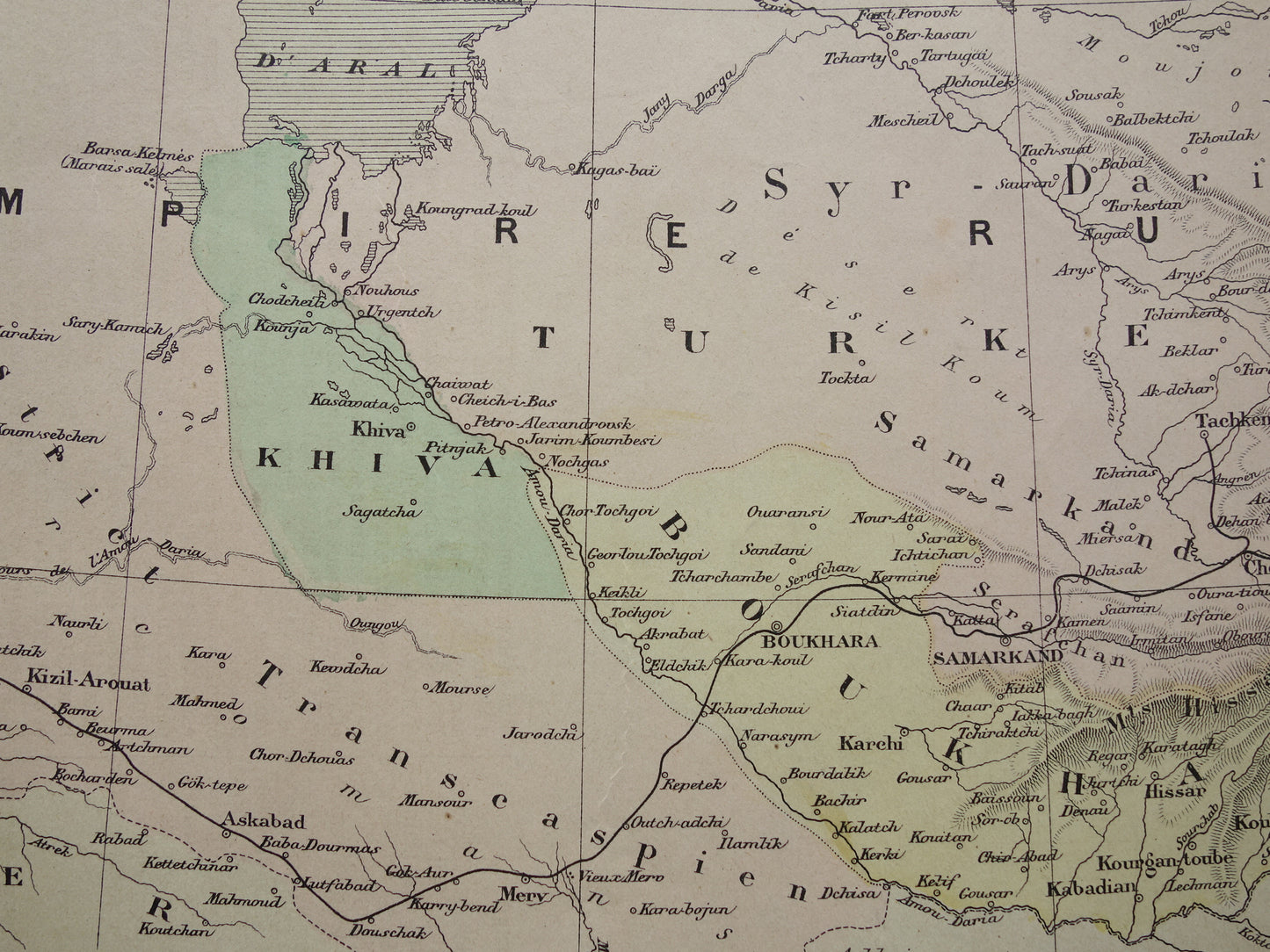 Alte Karte des Aralsees (Kasachstan, Usbekistan) aus dem Jahr 1896, originale französische antike Karte des Aralsees