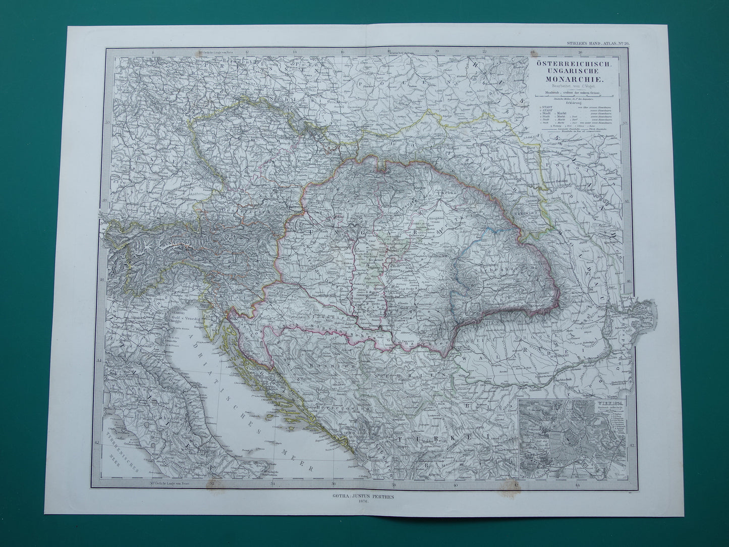 Oude kaart van Oostenrijk Hongarije uit het jaar 1876 gedetailleerde antieke landkaart met jaartal historische kaarten Oostenrijk-Hongarije
