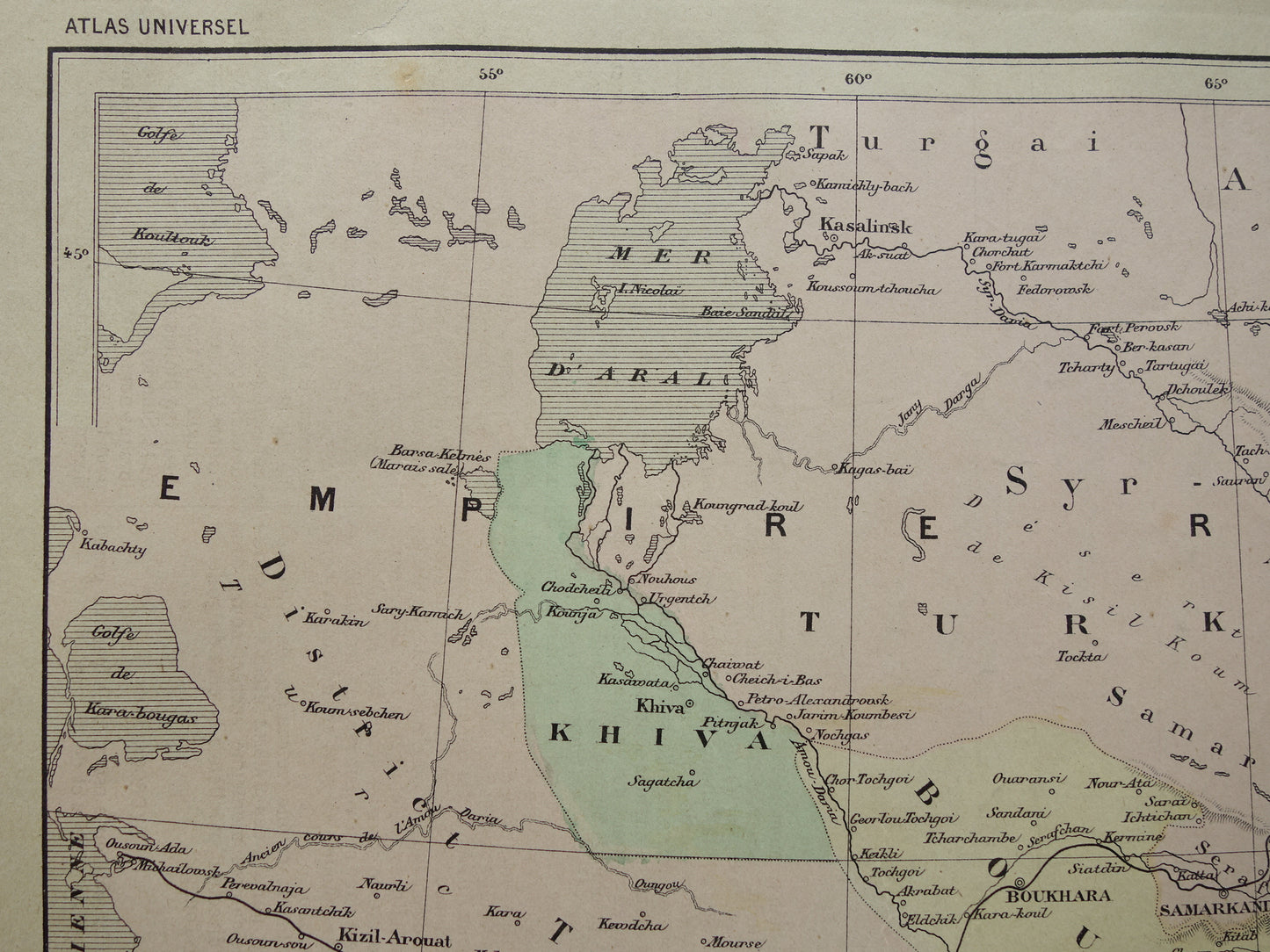 Alte Karte des Aralsees (Kasachstan, Usbekistan) aus dem Jahr 1896, originale französische antike Karte des Aralsees