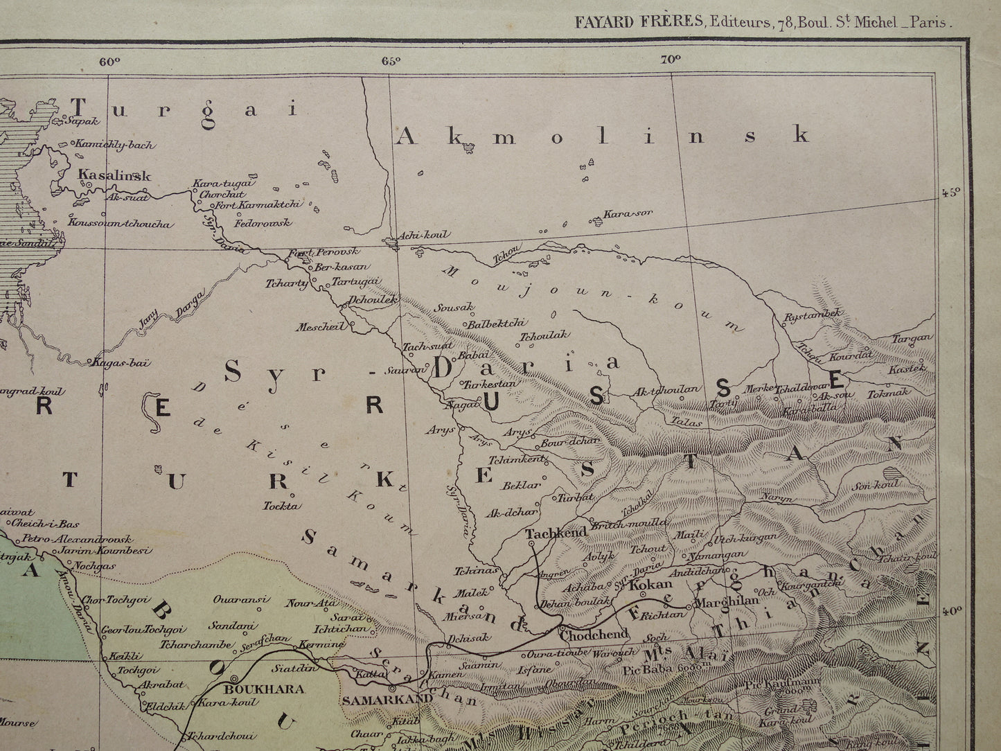 Alte Karte des Aralsees (Kasachstan, Usbekistan) aus dem Jahr 1896, originale französische antike Karte des Aralsees
