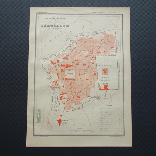 Oude kaart van Jeruzalem uit 1896 antieke Franse plattegrond van Jeruzalem