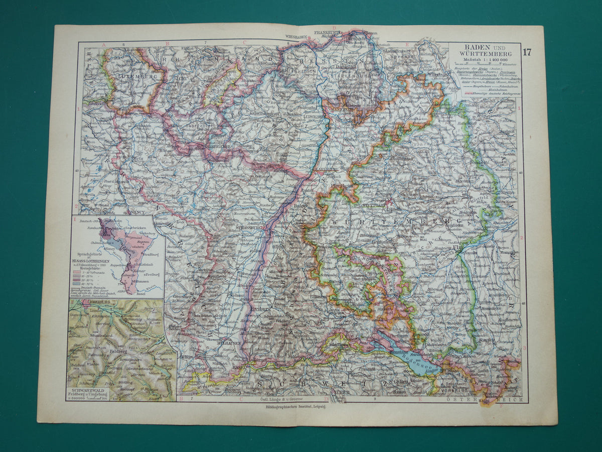 Oude landkaart van Baden-Württemberg Duitsland uit 1928 originele vintage kaart Stuttgart Elzas-Lotharingen