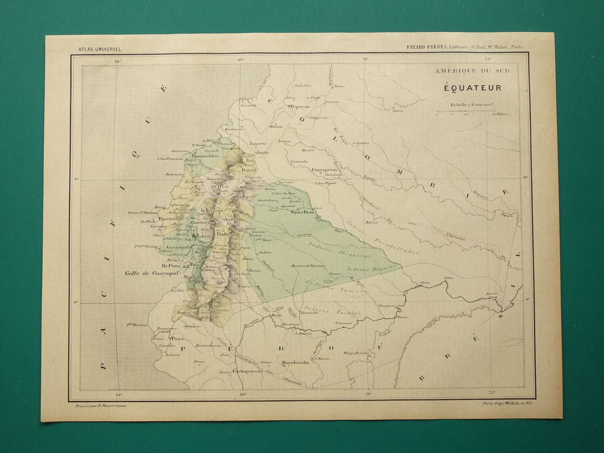 ECUADOR oude kaart uit 1896 originele antieke Franse handgekleurde landkaart Ecuador