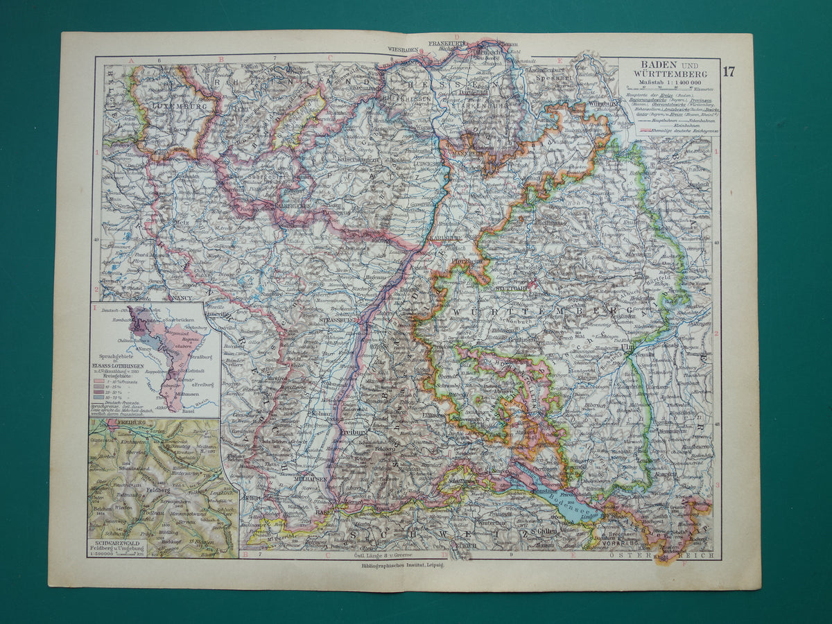 Oude landkaart van Baden-Württemberg Duitsland uit 1928 originele vintage kaart Stuttgart Elzas-Lotharingen